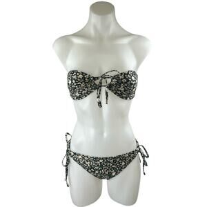 Peony Women's Black Floral Bandeau Two Piece Bikini Swimsuit Swimwear Size 6/8